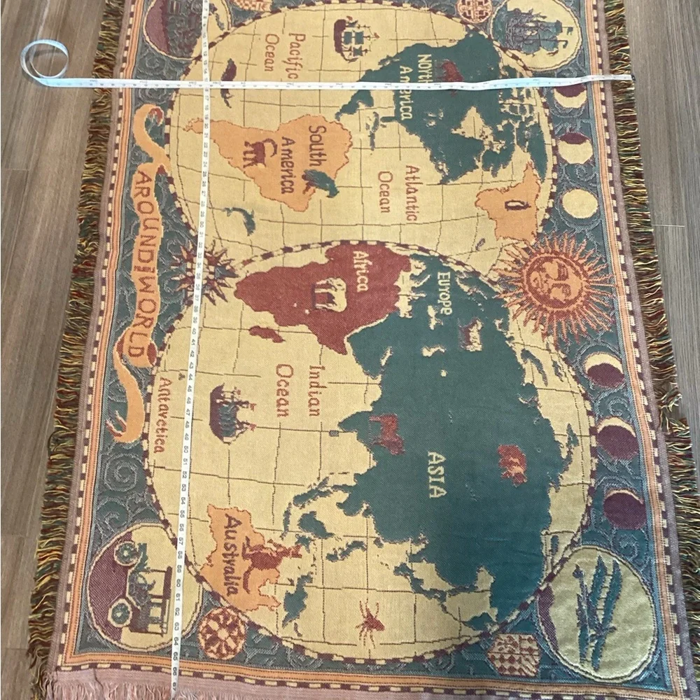 Elegant World Map Tapestry – Blue, Red & Gold –‎ Wall Hanging or Rug